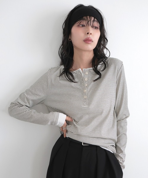 LIAN（リアン）の「ボーダーヘンリーネックプルオーバー（Tシャツ/カットソー・レディース・グレー/オフホワイト/ブラック・FREE）」の11枚目の写真