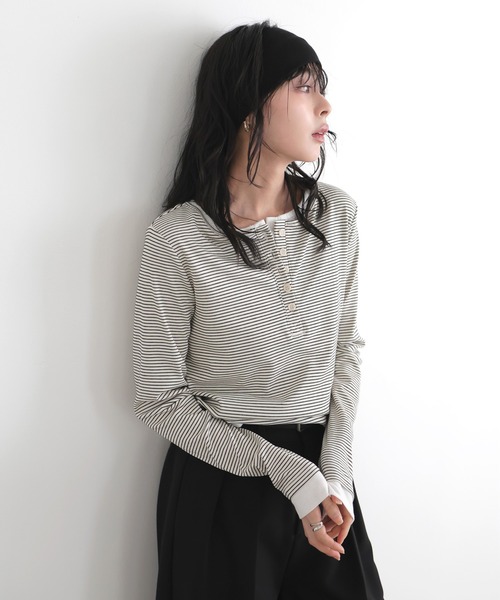 LIAN（リアン）の「ボーダーヘンリーネックプルオーバー（Tシャツ/カットソー・レディース・グレー/オフホワイト/ブラック・FREE）」の13枚目の写真