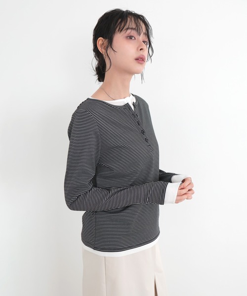 LIAN（リアン）の「ボーダーヘンリーネックプルオーバー（Tシャツ/カットソー・レディース・グレー/オフホワイト/ブラック・FREE）」の15枚目の写真