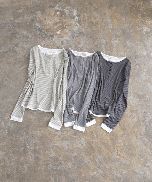 LIAN（リアン）の「ボーダーヘンリーネックプルオーバー（Tシャツ/カットソー・レディース・グレー/オフホワイト/ブラック・FREE）」の4枚目の写真