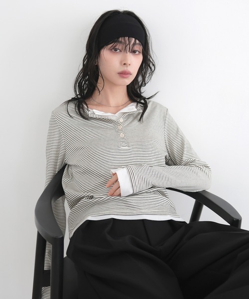 LIAN（リアン）の「ボーダーヘンリーネックプルオーバー（Tシャツ/カットソー・レディース・グレー/オフホワイト/ブラック・FREE）」の22枚目の写真