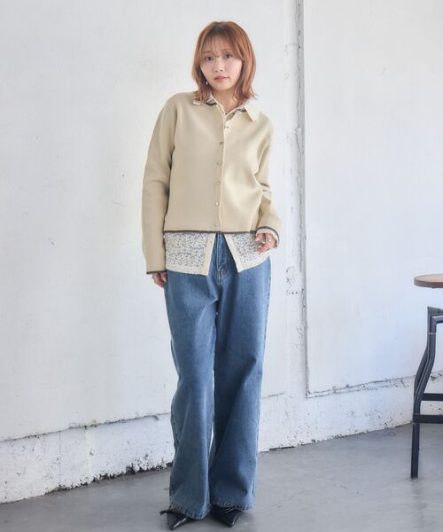 RETRO GIRL（レトロガール）の「配色ポリニットカーデ（カーディガン/ボレロ・レディース・ベージュ/ライトグレー/ナチュラル・FREE）」の4枚目の写真