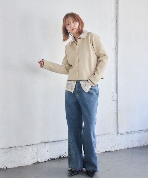 RETRO GIRL（レトロガール）の「配色ポリニットカーデ（カーディガン/ボレロ・レディース・ベージュ/ライトグレー/ナチュラル・FREE）」の5枚目の写真
