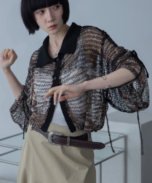 VACANCY(ヴァカンシー)の「ミックスカラー 透かし編みポロニット(カーディガン/ボレロ・レディース・ブラック/グリーン/ブルー・FREE)」の4枚目の写真