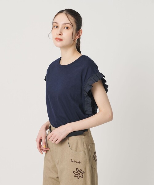 dahl'ia(ダリア)の「【WEB限定】<dahl’ia>フリルスリーブ Tシャツ(Tシャツ/カットソー・レディース・ネイビー/ダークブラウン/ホワイト・FREE)」の1枚目の写真