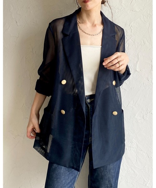 She's Closet（シーズクローゼット）の「金ボタン 長袖 ダブル シアー メッシュ テーラードジャケット（テーラードジャケット・レディース・オフホワイト/ブラック/ネイビー/ベージュ/モカ・FREE）」の10枚目の写真