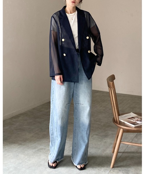 She's Closet（シーズクローゼット）の「金ボタン 長袖 ダブル シアー メッシュ テーラードジャケット（テーラードジャケット・レディース・オフホワイト/ブラック/ネイビー/ベージュ/モカ・FREE）」の18枚目の写真