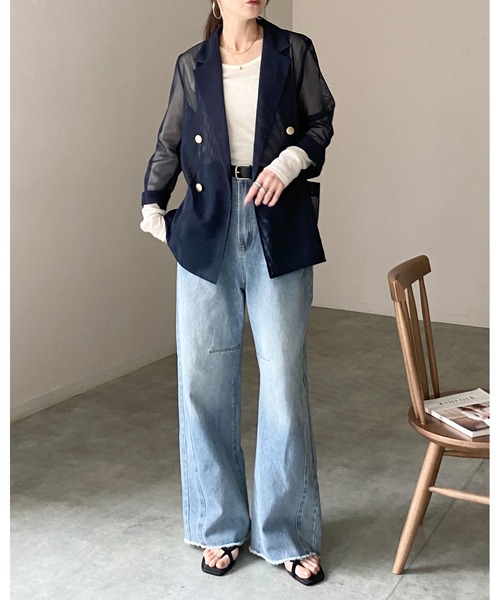 She's Closet（シーズクローゼット）の「金ボタン 長袖 ダブル シアー メッシュ テーラードジャケット（テーラードジャケット・レディース・オフホワイト/ブラック/ネイビー/ベージュ/モカ・FREE）」の20枚目の写真