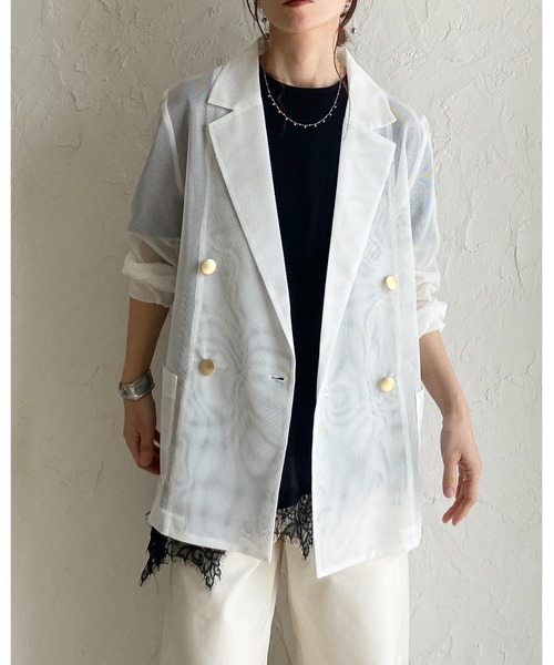 She's Closet（シーズクローゼット）の「金ボタン 長袖 ダブル シアー メッシュ テーラードジャケット（テーラードジャケット・レディース・オフホワイト/ブラック/ネイビー/ベージュ/モカ・FREE）」の8枚目の写真