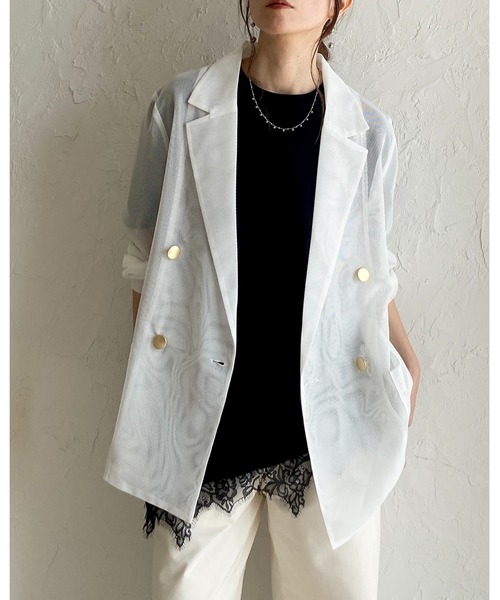 She's Closet（シーズクローゼット）の「金ボタン 長袖 ダブル シアー メッシュ テーラードジャケット（テーラードジャケット・レディース・オフホワイト/ブラック/ネイビー/ベージュ/モカ・FREE）」の9枚目の写真