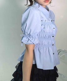 ◯丸襟シャーリング5分袖ブラウス