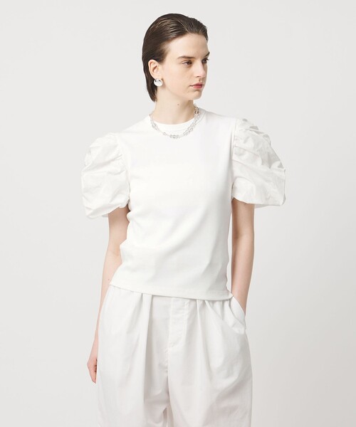 ASTRAET(アストラット)の「<ASTRAET>フライスxタフタ パフスリーブカットソー(Tシャツ/カットソー・レディース・ブラック/ホワイト・FREE)」の2枚目の写真