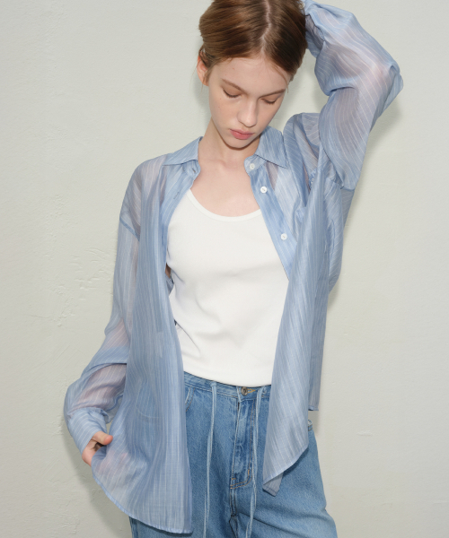 LEVAR(レバー)の「Sheer Stripe Over-Shirt - Sky Blue Stripe(シャツ/ブラウス・レディース・その他・FREE)」の1枚目の写真