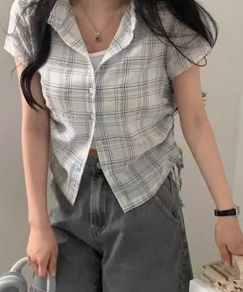 mielu(ミエル)の「サイドリボンチェックシャツ(シャツ/ブラウス・レディース・ホワイト/ネイビー・MEDIUM/LARGE)」の2枚目の写真