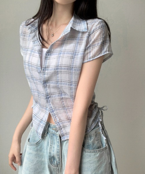 mielu(ミエル)の「サイドリボンチェックシャツ(シャツ/ブラウス・レディース・ホワイト/ネイビー・MEDIUM/LARGE)」の3枚目の写真