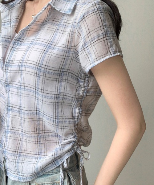 mielu(ミエル)の「サイドリボンチェックシャツ(シャツ/ブラウス・レディース・ホワイト/ネイビー・MEDIUM/LARGE)」の4枚目の写真