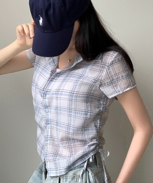mielu(ミエル)の「サイドリボンチェックシャツ(シャツ/ブラウス・レディース・ホワイト/ネイビー・MEDIUM/LARGE)」の5枚目の写真