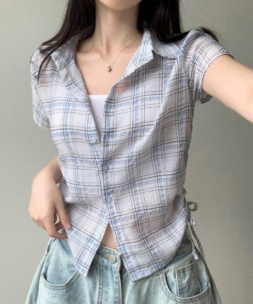 mielu(ミエル)の「サイドリボンチェックシャツ(シャツ/ブラウス・レディース・ホワイト/ネイビー・MEDIUM/LARGE)」の6枚目の写真