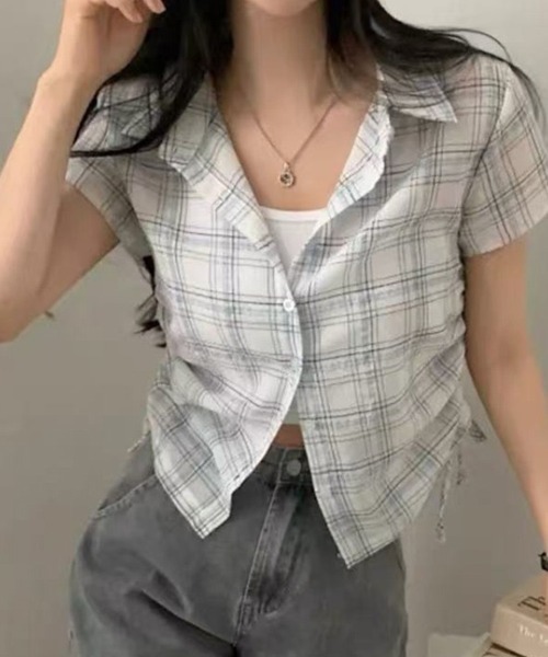 mielu(ミエル)の「サイドリボンチェックシャツ(シャツ/ブラウス・レディース・ホワイト/ネイビー・MEDIUM/LARGE)」の7枚目の写真