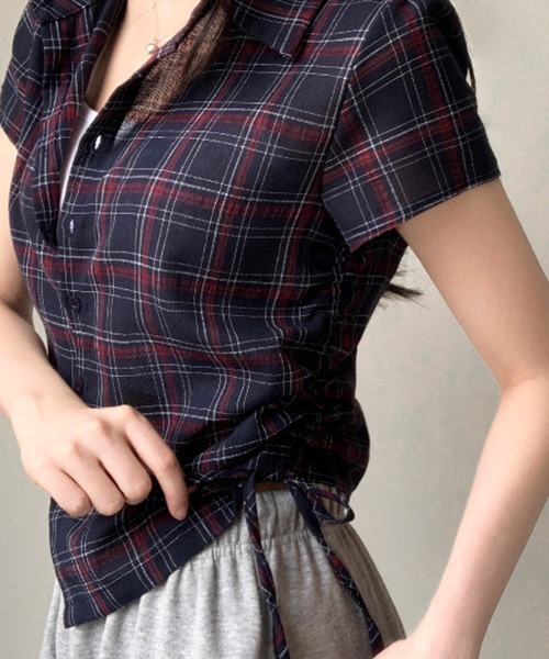 mielu(ミエル)の「サイドリボンチェックシャツ(シャツ/ブラウス・レディース・ホワイト/ネイビー・MEDIUM/LARGE)」の8枚目の写真