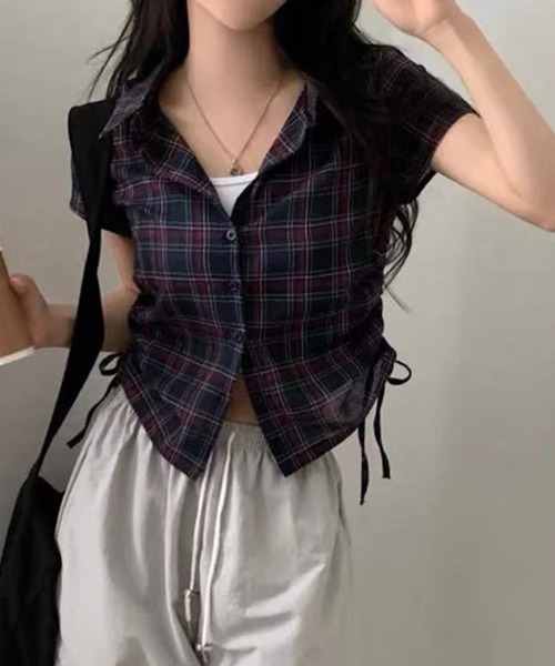 mielu(ミエル)の「サイドリボンチェックシャツ(シャツ/ブラウス・レディース・ホワイト/ネイビー・MEDIUM/LARGE)」の9枚目の写真