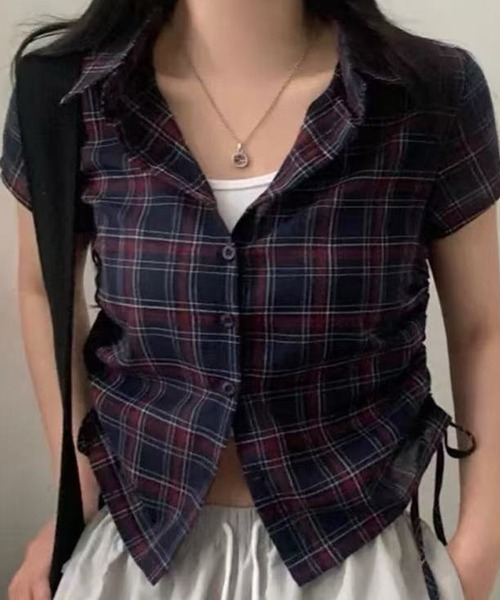 mielu(ミエル)の「サイドリボンチェックシャツ(シャツ/ブラウス・レディース・ホワイト/ネイビー・MEDIUM/LARGE)」の10枚目の写真