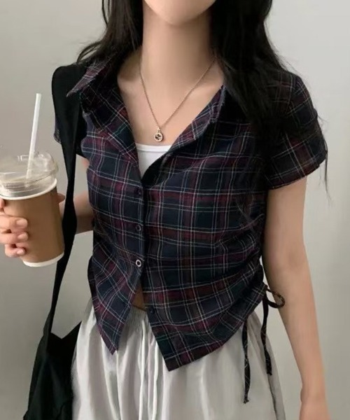 mielu(ミエル)の「サイドリボンチェックシャツ(シャツ/ブラウス・レディース・ホワイト/ネイビー・MEDIUM/LARGE)」の11枚目の写真