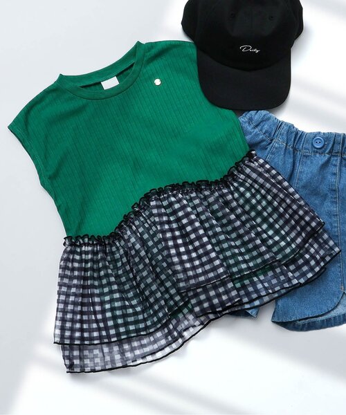 apres les cours（アプレレクール）の「ティアードペプラムトップス（Tシャツ/カットソー・キッズ・グリーン/レッド/その他2/チェック・80/90/100/110/120/130/140）」の2枚目の写真