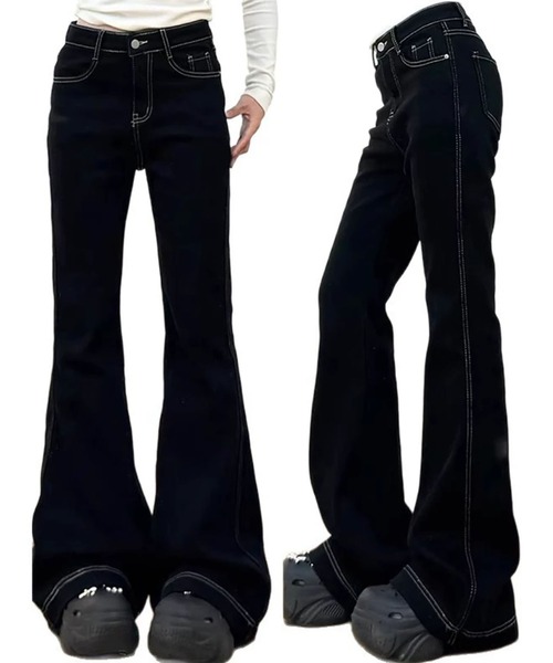 WESTBOY（ウエストボーイ）の「Y2K 白ステッチ ロゴ刺繍 フレアデニム WOG26S1PT01（デニムパンツ・レディース・ブラック・M/L）」の4枚目の写真