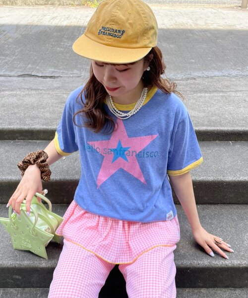 HELLO.SANFRANCISCO(ハローサンフランシスコ)の「【HELLO.SANFRANCISCO/ハローサンフランシスコ】ラインストーンプリントリンガーTEE(Tシャツ/カットソー・レディース・ブルー/ホワイト・ONE SIZE)」の1枚目の写真