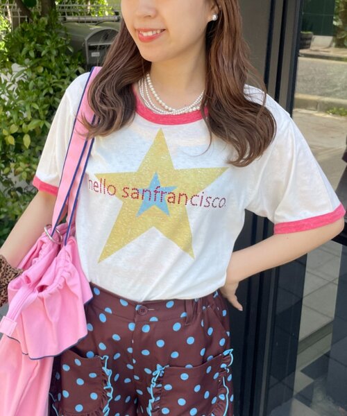 HELLO.SANFRANCISCO(ハローサンフランシスコ)の「【HELLO.SANFRANCISCO/ハローサンフランシスコ】ラインストーンプリントリンガーTEE(Tシャツ/カットソー・レディース・ブルー/ホワイト・ONE SIZE)」の3枚目の写真