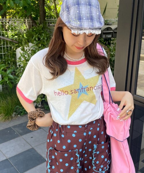HELLO.SANFRANCISCO(ハローサンフランシスコ)の「【HELLO.SANFRANCISCO/ハローサンフランシスコ】ラインストーンプリントリンガーTEE(Tシャツ/カットソー・レディース・ブルー/ホワイト・ONE SIZE)」の4枚目の写真