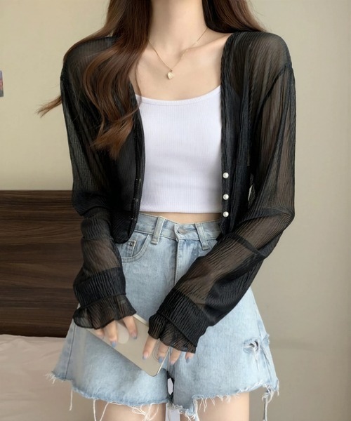 yuue' ( wear )(ユーイ)の「パールフェイクボタンシアーショートカーディガン/冷房対策(カーディガン/ボレロ・レディース・ピンク/ブラック/ホワイト・FREE)」の3枚目の写真