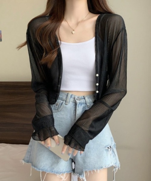 yuue' ( wear )(ユーイ)の「パールフェイクボタンシアーショートカーディガン/冷房対策(カーディガン/ボレロ・レディース・ピンク/ブラック/ホワイト・FREE)」の16枚目の写真