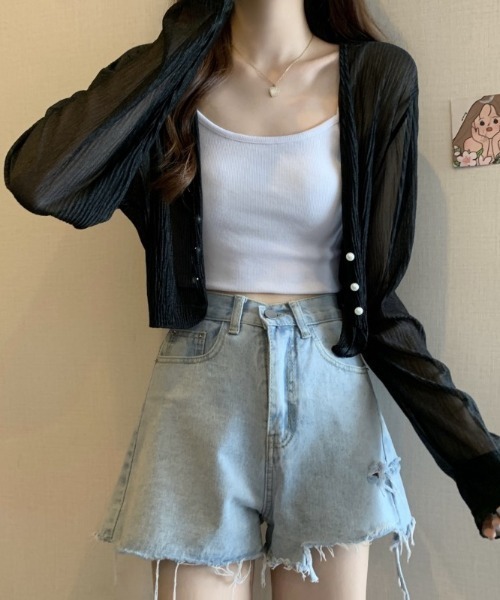 yuue' ( wear )(ユーイ)の「パールフェイクボタンシアーショートカーディガン/冷房対策(カーディガン/ボレロ・レディース・ピンク/ブラック/ホワイト・FREE)」の11枚目の写真