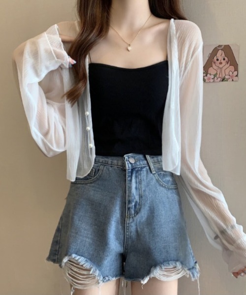 yuue' ( wear )(ユーイ)の「パールフェイクボタンシアーショートカーディガン/冷房対策(カーディガン/ボレロ・レディース・ピンク/ブラック/ホワイト・FREE)」の17枚目の写真