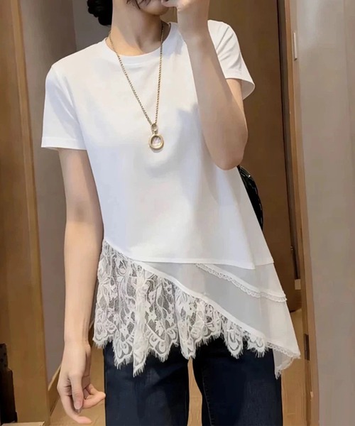 lulufa(ルルファ)の「アシンメトリー レース レイヤード風 カットソー(Tシャツ/カットソー・レディース・ホワイト/ブラック・FREE)」の1枚目の写真