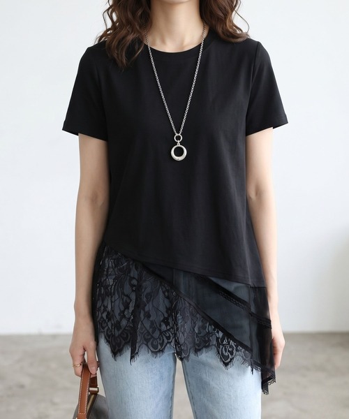 lulufa(ルルファ)の「アシンメトリー レース レイヤード風 カットソー(Tシャツ/カットソー・レディース・ホワイト/ブラック・FREE)」の2枚目の写真