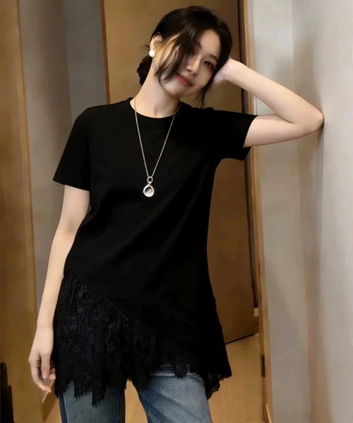 lulufa(ルルファ)の「アシンメトリー レース レイヤード風 カットソー(Tシャツ/カットソー・レディース・ホワイト/ブラック・FREE)」の12枚目の写真