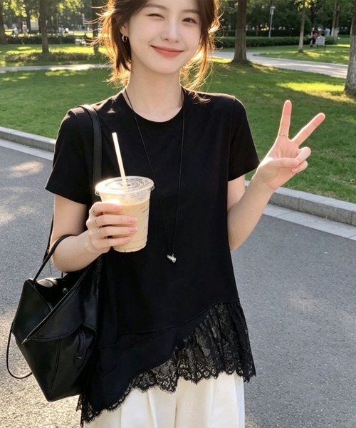 lulufa(ルルファ)の「アシンメトリー レース レイヤード風 カットソー(Tシャツ/カットソー・レディース・ホワイト/ブラック・FREE)」の10枚目の写真