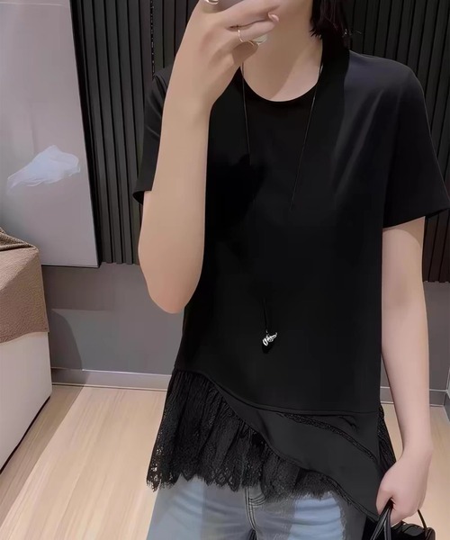 lulufa(ルルファ)の「アシンメトリー レース レイヤード風 カットソー(Tシャツ/カットソー・レディース・ホワイト/ブラック・FREE)」の9枚目の写真