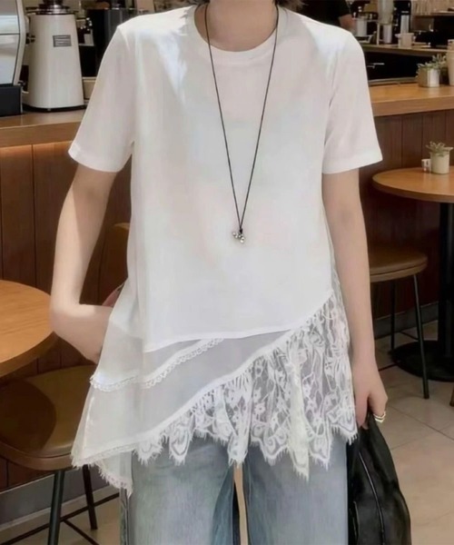 lulufa(ルルファ)の「アシンメトリー レース レイヤード風 カットソー(Tシャツ/カットソー・レディース・ホワイト/ブラック・FREE)」の8枚目の写真