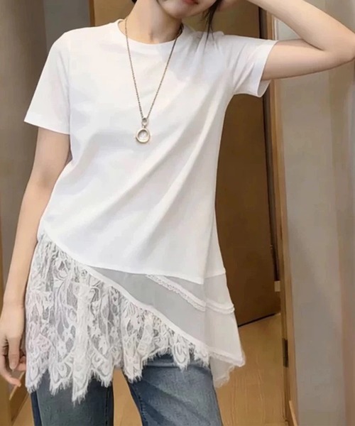 lulufa(ルルファ)の「アシンメトリー レース レイヤード風 カットソー(Tシャツ/カットソー・レディース・ホワイト/ブラック・FREE)」の6枚目の写真