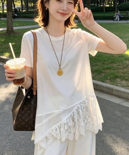 lulufa(ルルファ)の「アシンメトリー レース レイヤード風 カットソー(Tシャツ/カットソー・レディース・ホワイト/ブラック・FREE)」の5枚目の写真