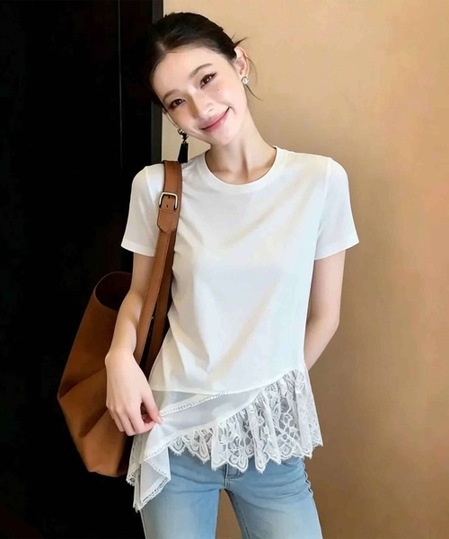 lulufa(ルルファ)の「アシンメトリー レース レイヤード風 カットソー(Tシャツ/カットソー・レディース・ホワイト/ブラック・FREE)」の4枚目の写真
