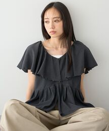 ラッフルカラーペプラムカットブラウス