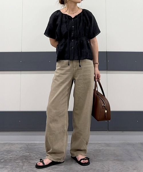 ISOOK（アイスー）の「ワッシャーシアーリボンブラウス(chiica select) / 半袖 ペプラム しわ加工 透け感（シャツ/ブラウス・レディース・ライトベージュ/ブラック・FREE）」の14枚目の写真