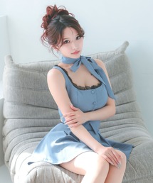 キャバドレス セットアップ ミニ フレア ノースリーブ ブラックレース ネックリボン セクシードレス