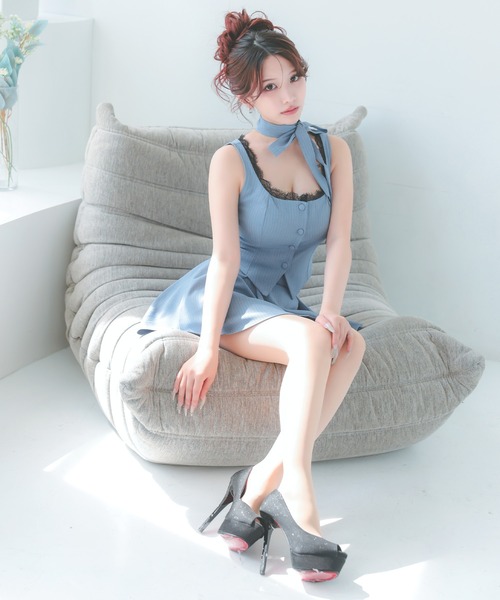 Tika（ティカ）の「キャバドレス セットアップ ミニ フレア ノースリーブ ブラックレース ネックリボン セクシードレス（ドレス・レディース・グレー/ブルー・XL/S/M/L）」の14枚目の写真