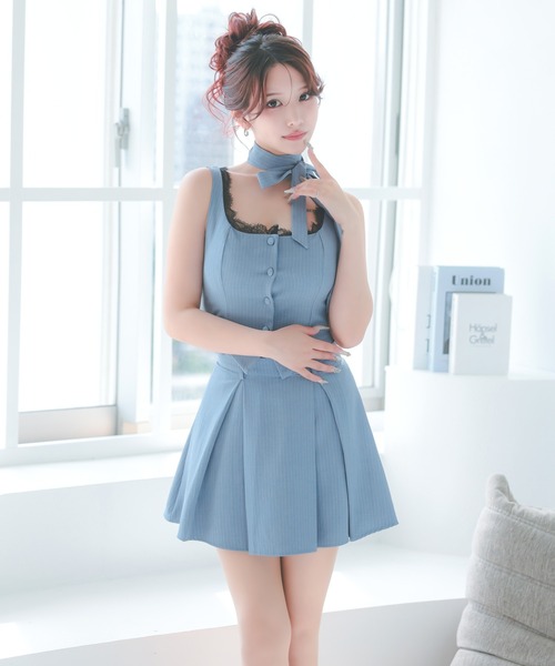 Tika（ティカ）の「キャバドレス セットアップ ミニ フレア ノースリーブ ブラックレース ネックリボン セクシードレス（ドレス・レディース・グレー/ブルー・XL/S/M/L）」の17枚目の写真